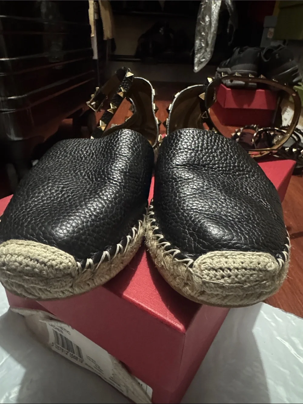 Valentino Garavani Black Leather Espadrilles with Gold Stud Ankle Wrap